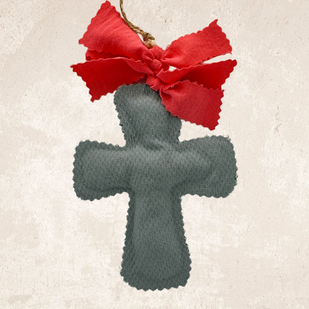 Aqua green cross + coral bow