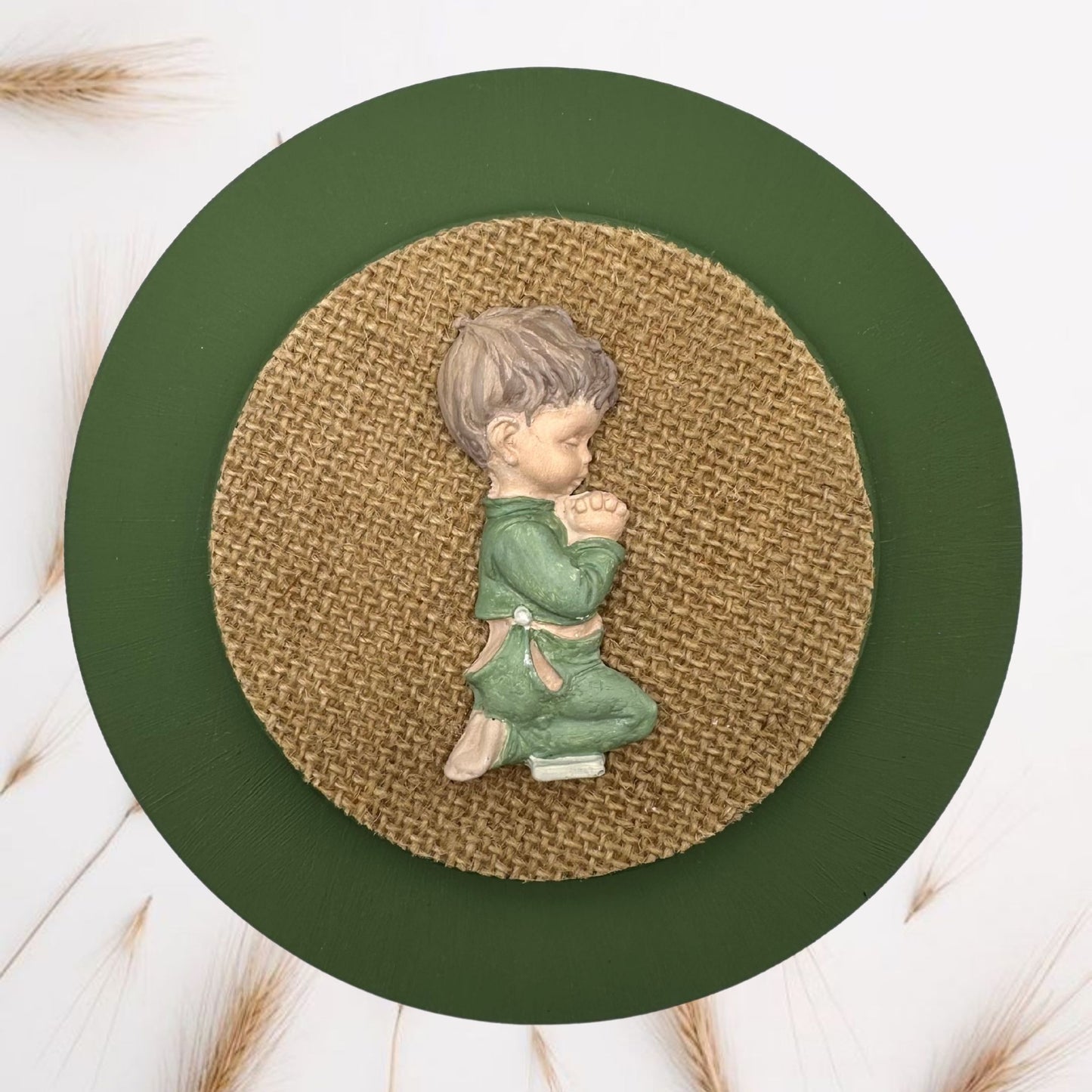 Green praying boy painting